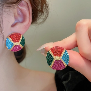 Vintage palace style gold round earrings with multi-color rhinestones in geometric design