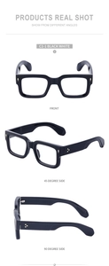 Three-angle product view of square black gloss eyewear frames with clear vision detail