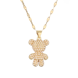 Cute golden bear pendant necklace with white pearls and micro-pave cubic zirconia accents