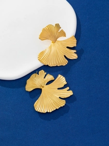 Macro shot of 18K gold plated ginkgo leaf earrings with fine radial veins and metallic texture