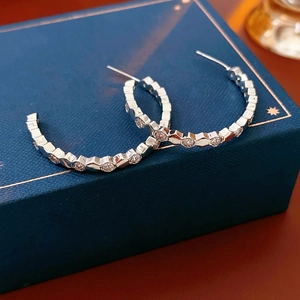 Vue macro des boucles d'oreilles argentées en C avec zircons sur un écrin à bijoux