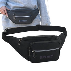 Detail of black waterproof 400D Oxford waist bag with adjustable strap and buckle closure