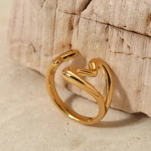 Minimalistischer 316 Edelstahl Doppelherz-Ring offen in poliertem Gold-Finish