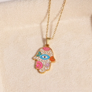 Detailed close-up of golden Hamsa Hand pendant necklace with blue Evil Eye enamel art