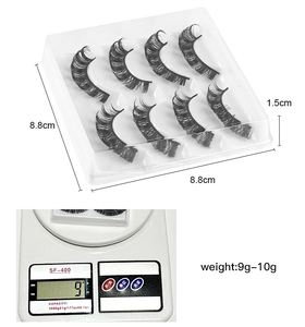 Detailed view of 8 pairs of thick Russian volume eyelashes with dimensions and weight