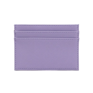 Detailed close-up of lavender Saffiano PU leather card holder showing neat stitching details