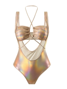 Metallic holographic cut-out one-piece swimsuit with drawstring details in gold