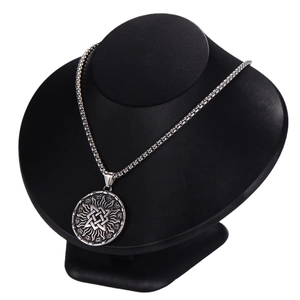 Silver Viking Valknut pendant necklace in stainless steel on black neck display stand
