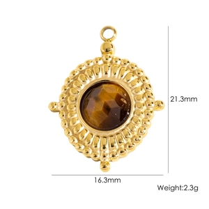 Detailed view of a gold round tiger eye pendant with 21.3mm height and 16.3mm width