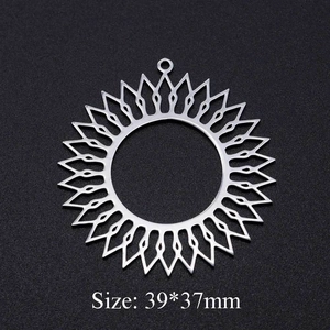Polished silver stainless steel sunburst circle pendant charm 39x37mm for jewelry making