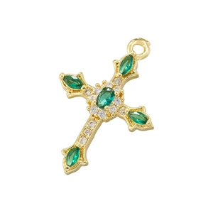 Hip hop gold cross pendant with green oval gemstone and clear sparkling crystals