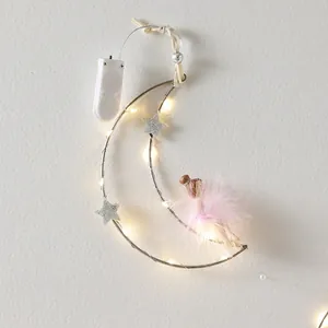 Luminous crescent moon Christmas hanging decor with LED lights and pink fairy doll