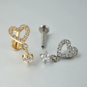 G23 titanium heart labret stud with zircon stone dangles in gold and silver finishes