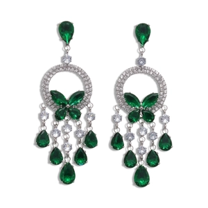 Silver butterfly hoop earrings with green zircon tassels on a clean white background