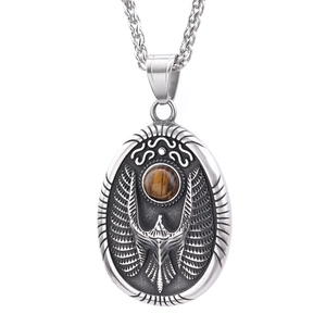 Vintage stainless steel eagle pendant necklace with brown tiger eye stone on white background