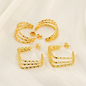 Golden multi-layer twisted stainless steel earrings in circular and square C-shapes