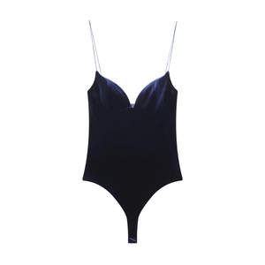 Elegant slim fit velvet bodysuit with spaghetti straps and V-neckline in deep navy blue