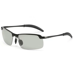 Polarized half-frame sports sunglasses for men featuring black frames and grey lenses
