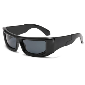 Y2K rectangular wrap sunglasses with sleek black frames and dark grey lenses for women