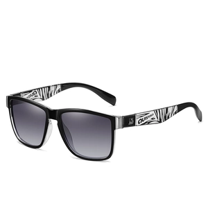 Classic black square sunglasses with unique black and white patterned temples and UV400 lenses