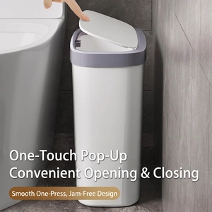 Slim white press-top trash can for bathroom with grey lid and one-click opening