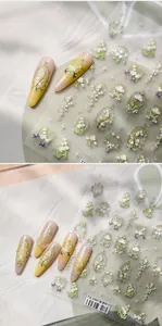Détail macro de stickers ongles muguet avec motifs floraux gaufrés vert clair