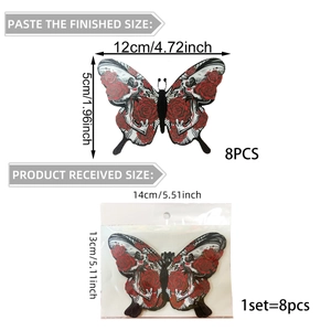 Set of 8 gothic 3D skull and red rose butterfly wall stickers with size measurements