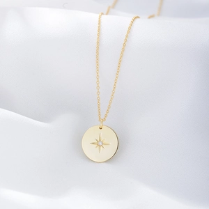 925 Sterling Silver Coin Pendant Necklace For Women Gold Plated Starburst North Star Inlaid Rhinestone Clavicle Chain Jewelry