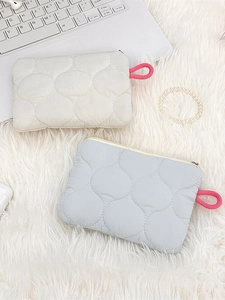 Quilted cream and grey zip pouches for sanitary pads or cosmetics with pink lanyards