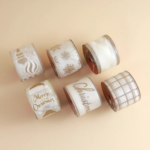 6-pack champagne Christmas ribbons with gold snowflakes and Merry Christmas patterns
