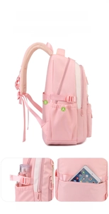 Water-resistant pink nylon backpack with side elastic pocket and back zipper compartment