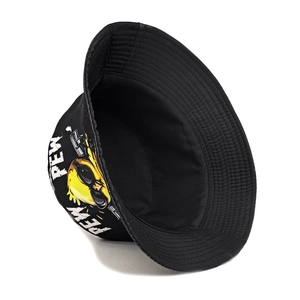 Black cotton bucket hat with cute cartoon duck and Pew Pew print for outdoor sun protection