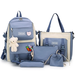 5-piece canvas backpack set in blue and beige with bear charm and matching tote bags