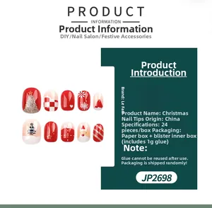 Close-up of Christmas press-on nails set featuring Santa, snowflakes and tree patterns