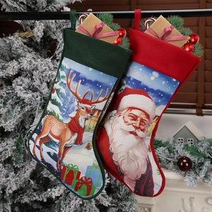 Cartoon Christmas stockings featuring Santa and Reindeer hanging on festive tree branches