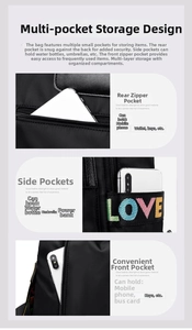 Detail view of the black multi-pocket backpack with anti-theft zipper and side pockets