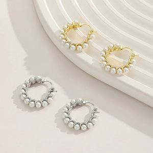 French style hoop earrings with white pearls in gold and silver finish for women