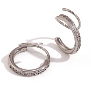 Silver double-layered stainless steel spiral earrings with micro-set shimmering diamonds