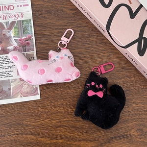 Cute plush cat keychains set in pink polka dot and black with bow for bags and gifts