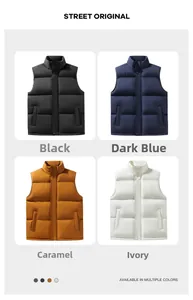 Detailed grid showing men's quilted vests in black, navy blue, caramel, and ivory white