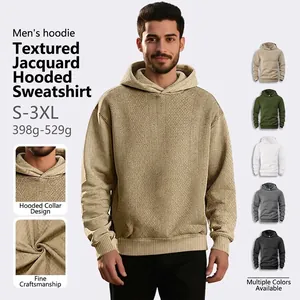 Men's loose textured jacquard hoodie in solid colors with long sleeves and drawstring hood