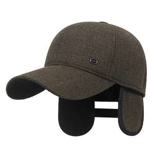 Men's winter knit baseball cap in dark brown featuring ear flaps and warm lining