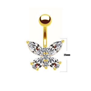 Golden butterfly navel ring with marquise cubic zirconia stones, 25mm length main view