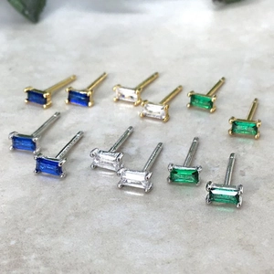 Square baguette cut colorful zircon stud earrings in gold and silver plating