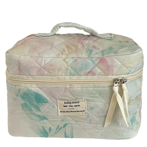 Quilted watercolor cosmetic bag with large capacity and portable ribbon handle