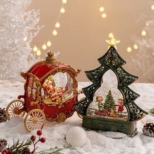 Lighted Santa Claus carriage and Christmas tree snow globe on a warm winter background