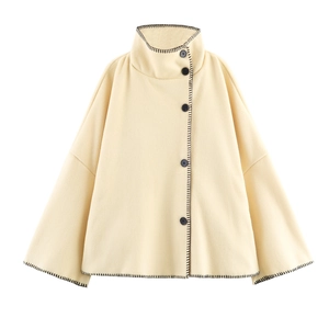 Elegant Women High Neck Cape Coat Polyester Loose Fit Contrast Stitching Single Breasted Autumn Winter Outerwear Jacket