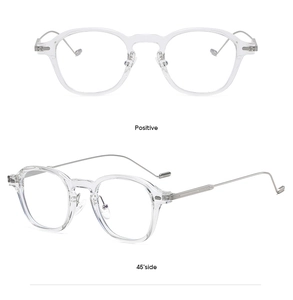 Detailed front and 45-degree side views of transparent eyewear with silver metal temples
