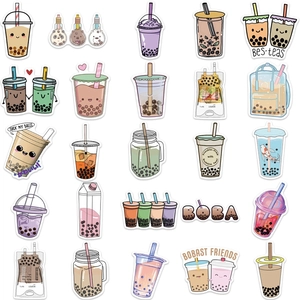 50pcs waterproof cartoon boba tea stickers with cute panda and animal designs for journals