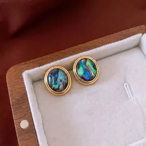 Vintage Oval Stud Earrings With Abalone Shell And 925 Sterling Silver Earring Post 18K Gold Plated Elegant Jewelry For Women
